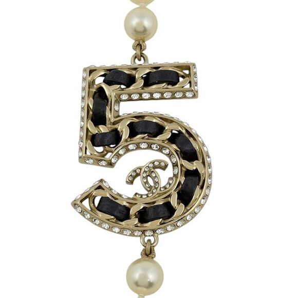 Chanel Cocomark Fake Pearl Necklace NO.5 Rhinestone Long Necklace GP Fake Pearl - Picture 3 of 7